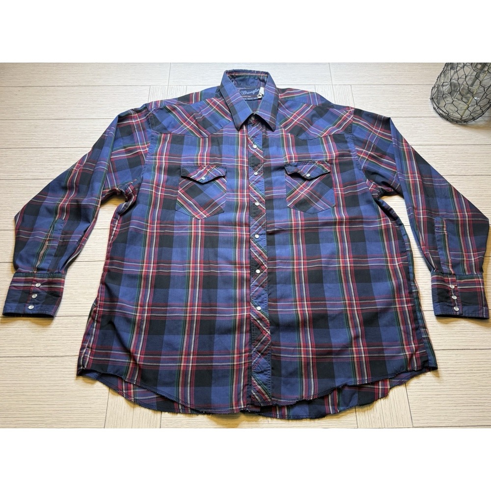 Wrangler VTG‎ 80s Pearl Snap Blue Plaid Western Shirt Mens 18/35. Classc. Cowboy